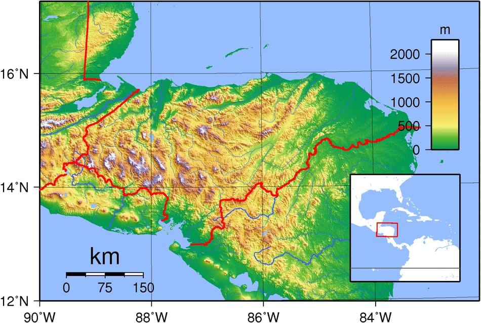 kaart van Honduras topografische